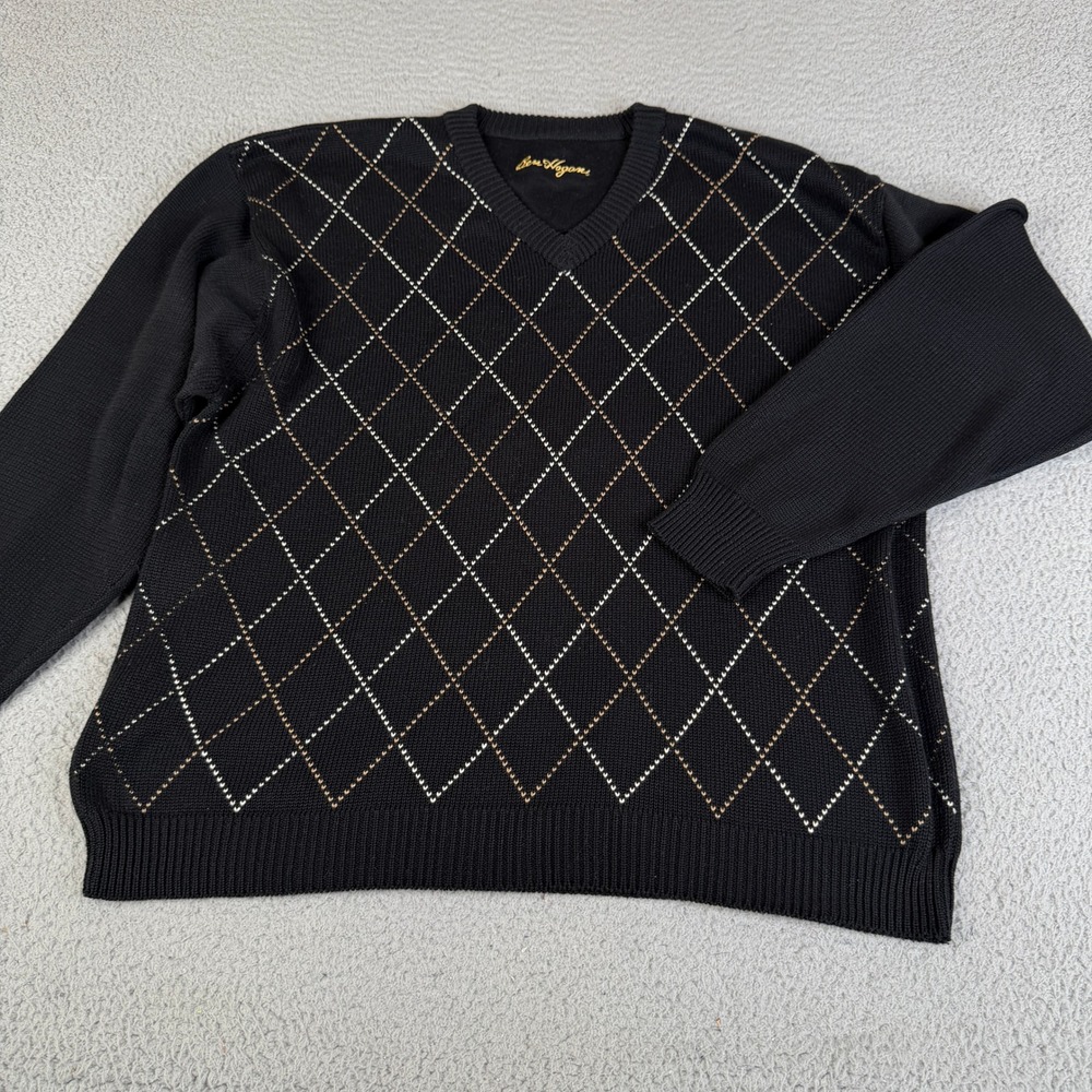 Ben Hogan Sweater Men L Black Argyle VNeck Pullover Knit Pima Cotton Long Sleeve